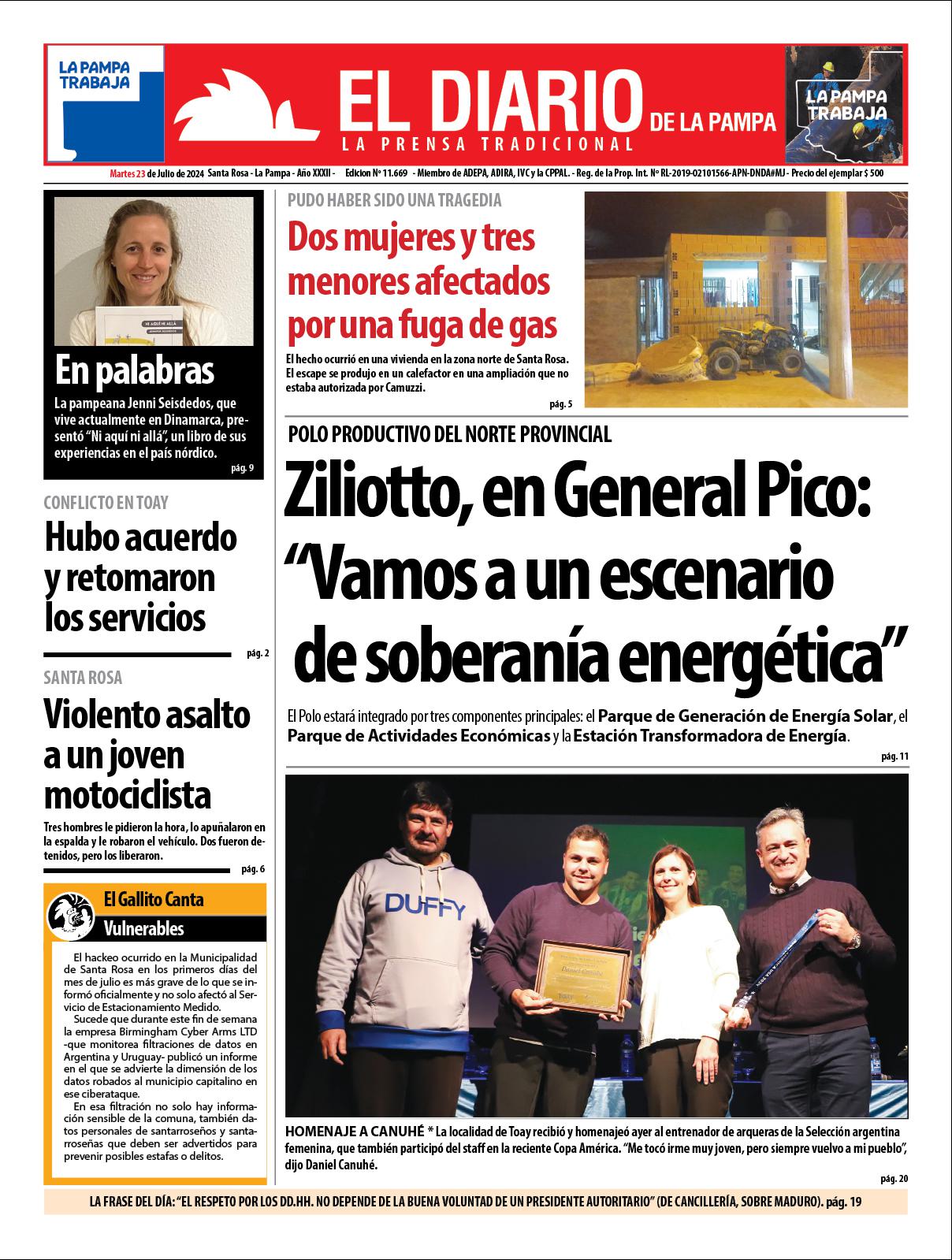 Tapa de El Diario en papel  martes 23 de julio de 2024